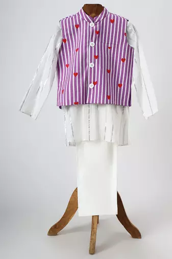 White and purple printed lurex kurta jacket set