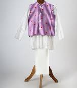 White and purple printed lurex kurta jacket set