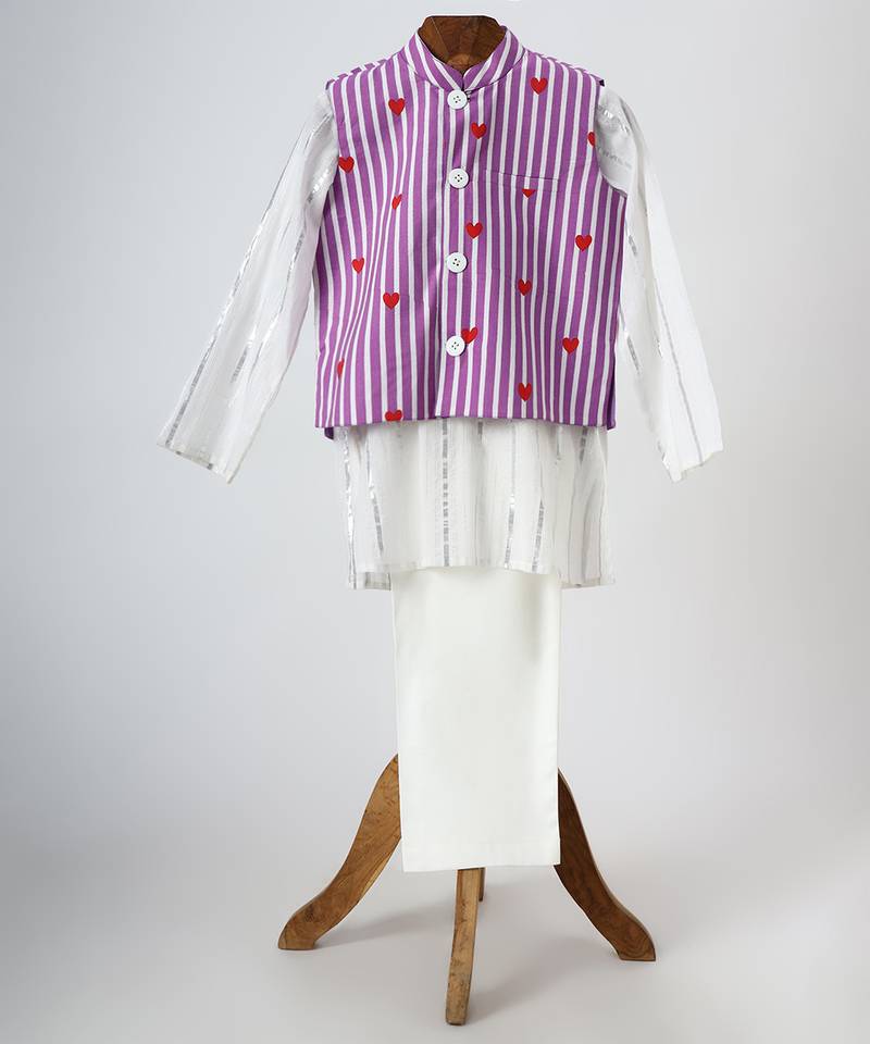 White and purple printed lurex kurta jacket set