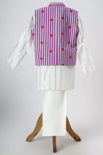 White and purple printed lurex kurta jacket set