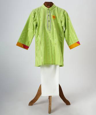 Neon green embroidered cotton kurta set 1