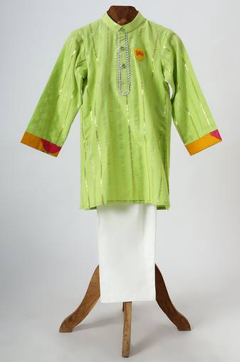 Neon green embroidered cotton kurta set