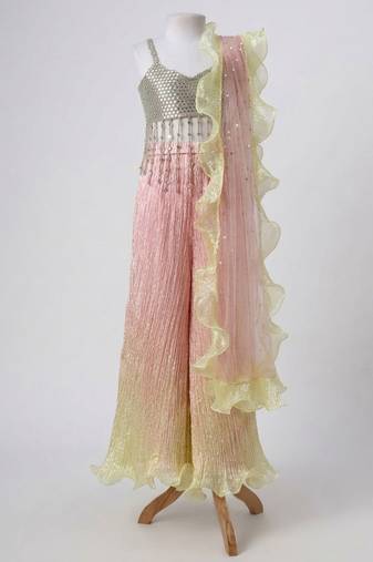 Silver ombre embroidered faux and art silk blouse and palazzo set