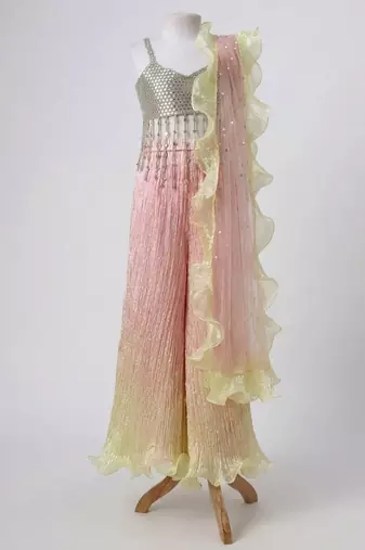 Silver ombre embroidered faux and art silk blouse and palazzo set