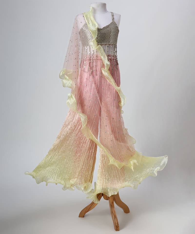Silver ombre embroidered faux and art silk blouse and palazzo set