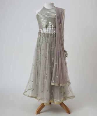 Silver grey embroidered faux and net lehenga set 1