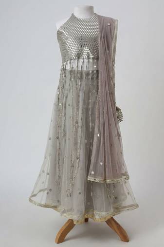Silver grey embroidered faux and net lehenga set
