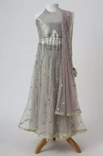 Silver grey embroidered faux and net lehenga set