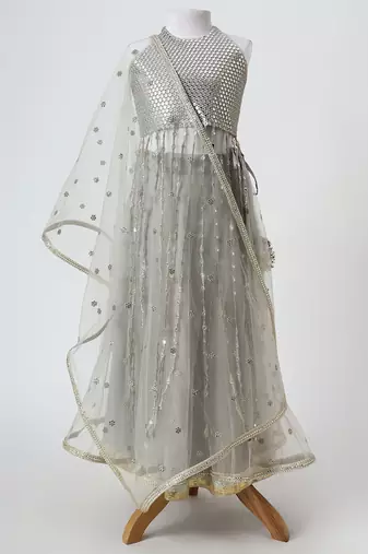 Silver grey embroidered faux and net lehenga set