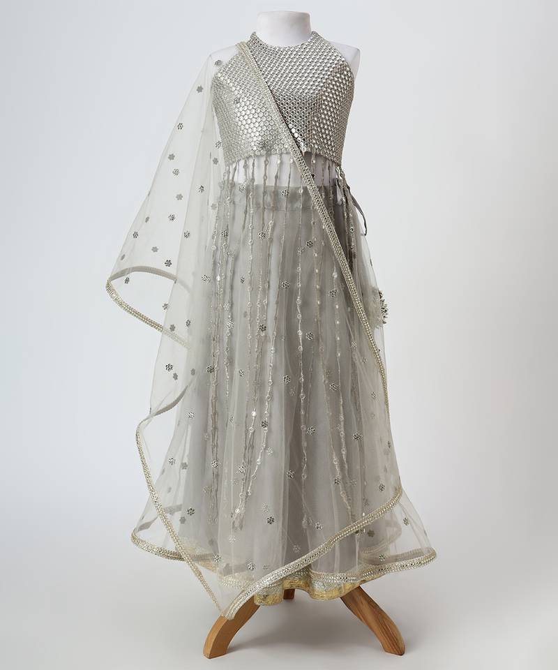 Silver grey embroidered faux and net lehenga set