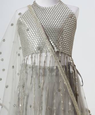 Silver grey embroidered faux and net lehenga set 3