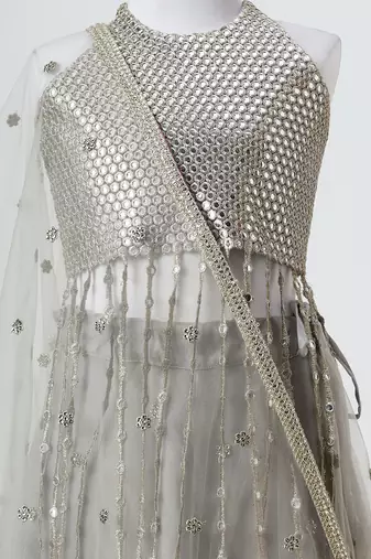 Silver grey embroidered faux and net lehenga set