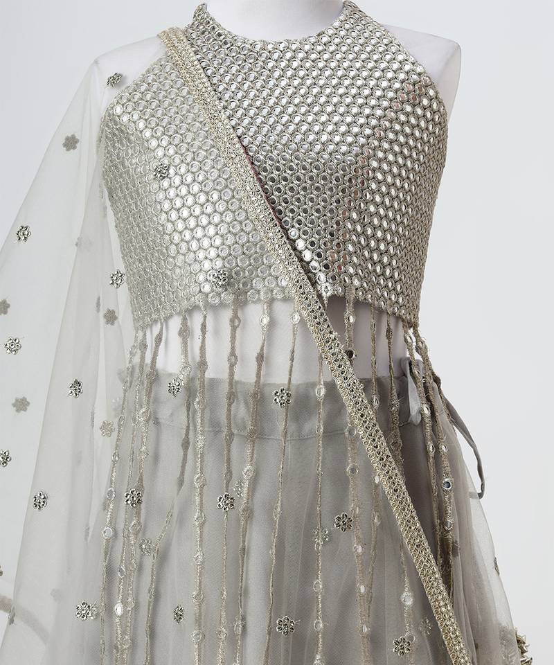 Silver grey embroidered faux and net lehenga set
