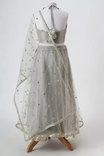 Silver grey embroidered faux and net lehenga set