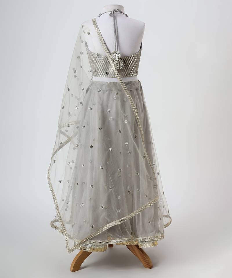 Silver grey embroidered faux and net lehenga set