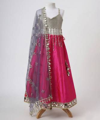 Silver and magenta embroidered faux and raw silk lehenga set 1