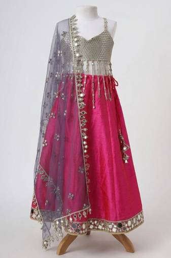 Silver and magenta embroidered faux and raw silk lehenga set