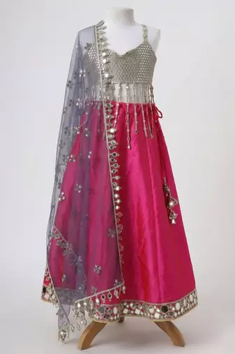 Silver and magenta embroidered faux and raw silk lehenga set