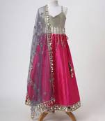 Silver and magenta embroidered faux and raw silk lehenga set