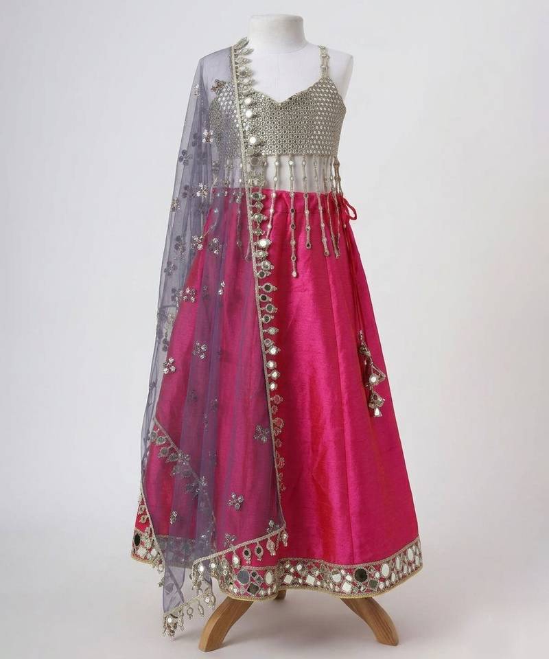 Silver and magenta embroidered faux and raw silk lehenga set
