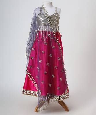Silver and magenta embroidered faux and raw silk lehenga set 2