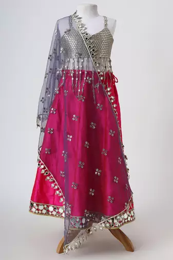 Silver and magenta embroidered faux and raw silk lehenga set