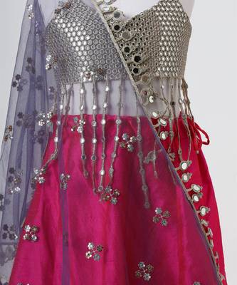 Silver and magenta embroidered faux and raw silk lehenga set 3