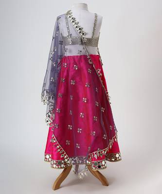 Silver and magenta embroidered faux and raw silk lehenga set 4