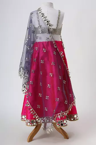 Silver and magenta embroidered faux and raw silk lehenga set
