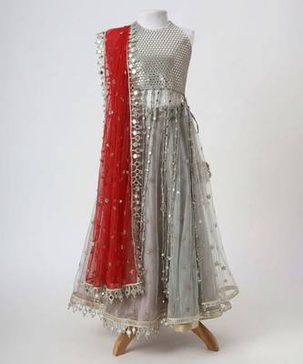 Silver grey embroidered faux and net lehenga set 1