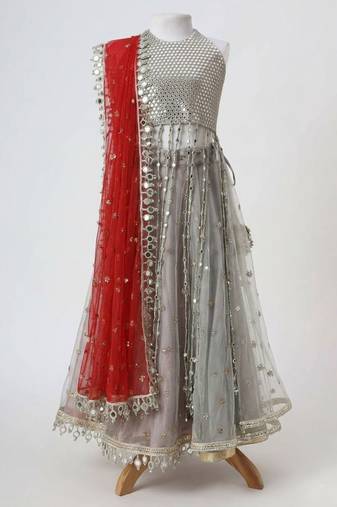 Silver grey embroidered faux and net lehenga set
