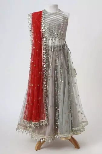 Silver grey embroidered faux and net lehenga set