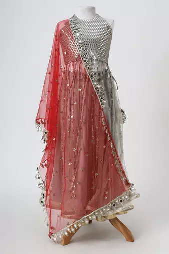 Silver grey embroidered faux and net lehenga set