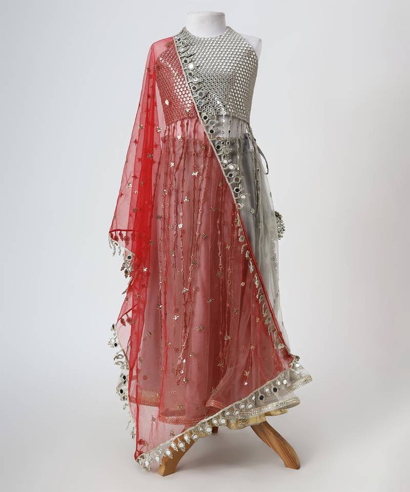 Silver grey embroidered faux and net lehenga set