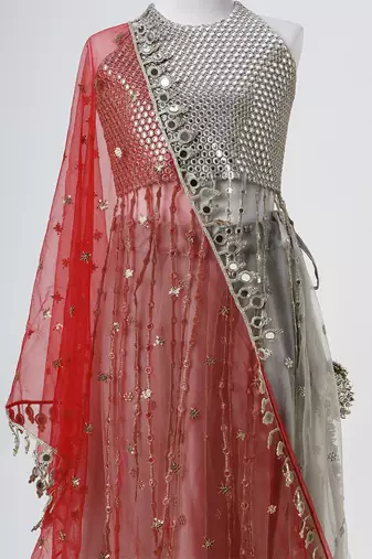Silver grey embroidered faux and net lehenga set