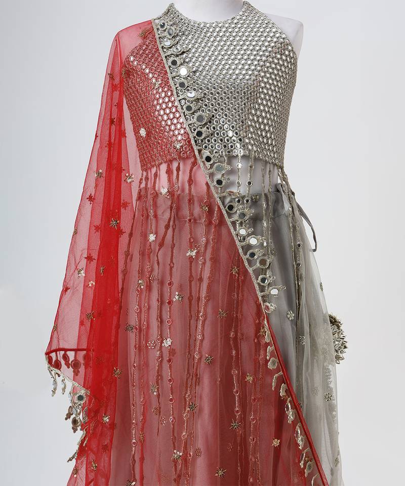 Silver grey embroidered faux and net lehenga set