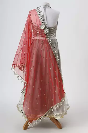 Silver grey embroidered faux and net lehenga set