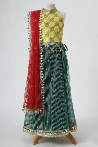 Yellow and green embroidered raw silk organza lehenga set