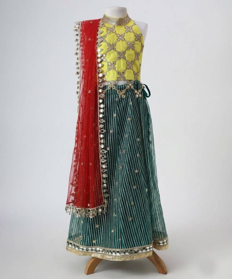 Yellow and green embroidered raw silk organza lehenga set