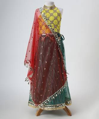 Yellow and green embroidered raw silk organza lehenga set 2