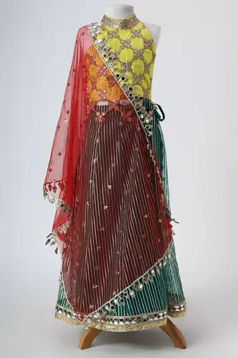 Yellow and green embroidered raw silk organza lehenga set