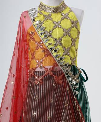 Yellow and green embroidered raw silk organza lehenga set 3