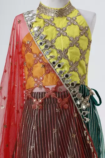 Yellow and green embroidered raw silk organza lehenga set