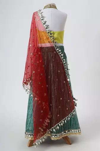 Yellow and green embroidered raw silk organza lehenga set