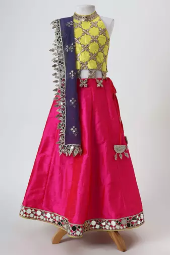 Yellow and pink embroidered raw silk organza lehenga set