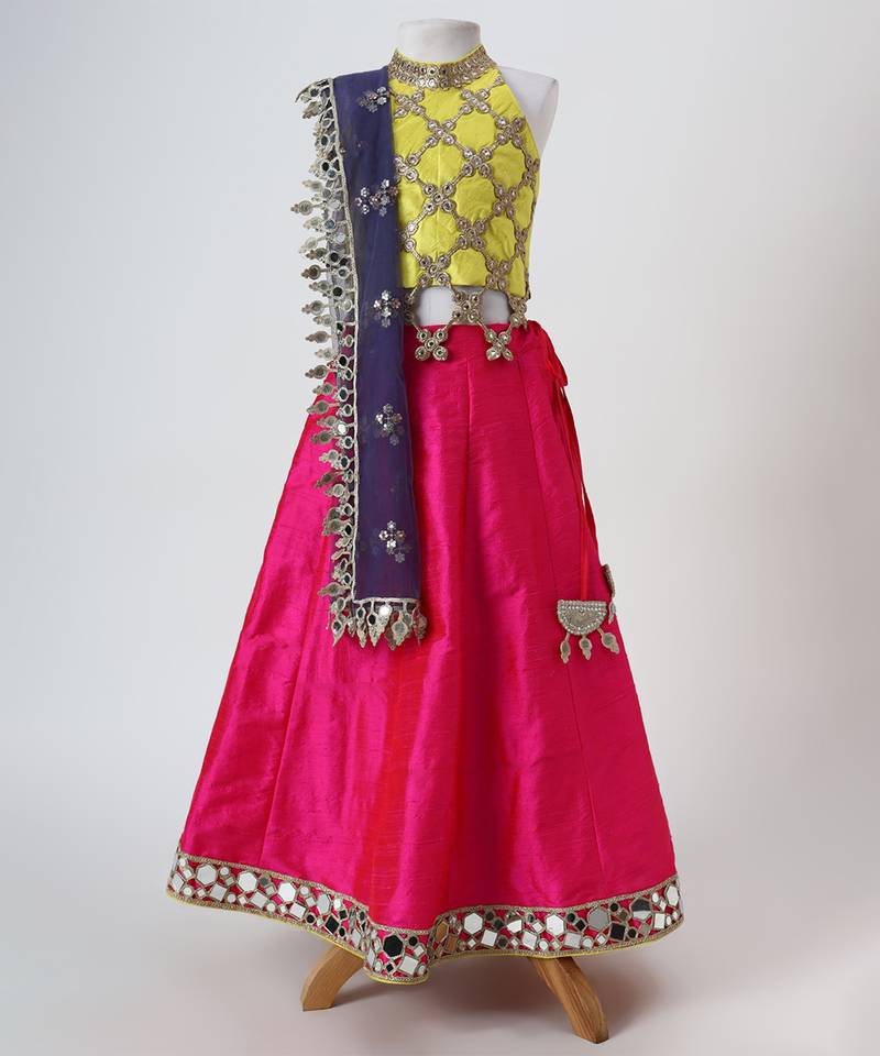 Yellow and pink embroidered raw silk organza lehenga set