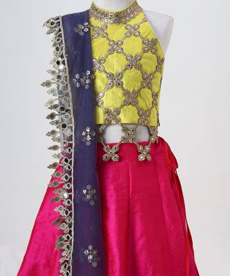 Yellow and pink embroidered raw silk organza lehenga set 2