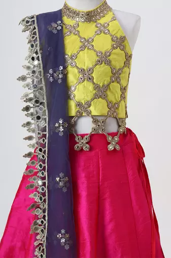 Yellow and pink embroidered raw silk organza lehenga set
