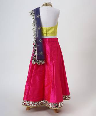Yellow and pink embroidered raw silk organza lehenga set 3