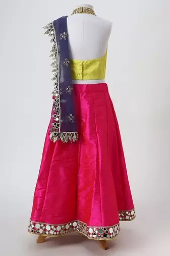 Yellow and pink embroidered raw silk organza lehenga set